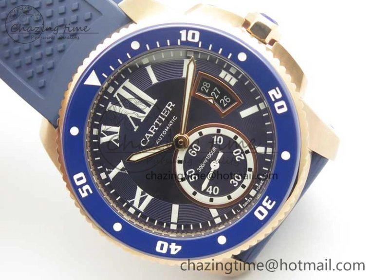 Calibre De Cartier Diver RG Blue RG Bezel JF 1:1 Best Edition On Blue Rubber Strap A23J