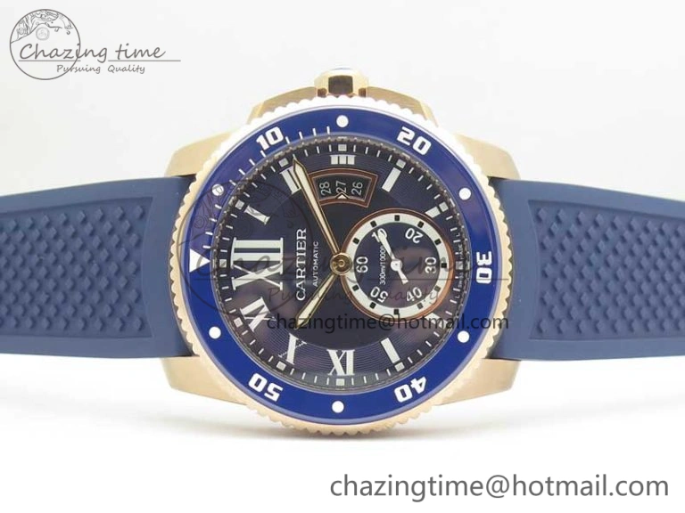 Calibre De Cartier Diver RG Blue RG Bezel JF 1:1 Best Edition On Blue Rubber Strap A23J