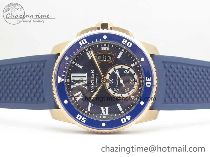 Calibre De Cartier Diver RG Blue RG Bezel JF 1:1 Best Edition On Blue Rubber Strap A23J