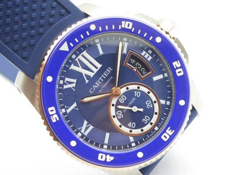 Calibre De Cartier Diver SS RG Blue JJF 1:1 Best Edition On Blue Rubber Strap A23J