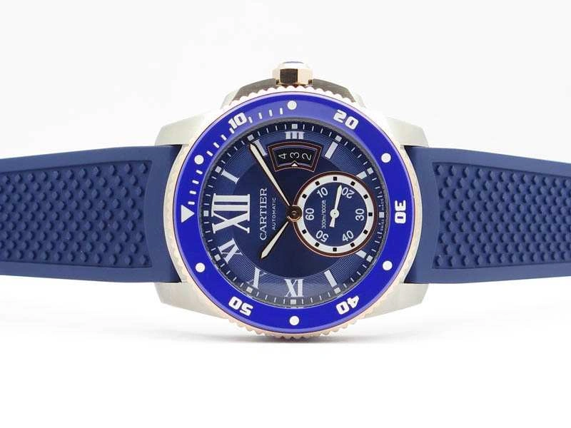 Calibre De Cartier Diver SS RG Blue JJF 1:1 Best Edition On Blue Rubber Strap A23J