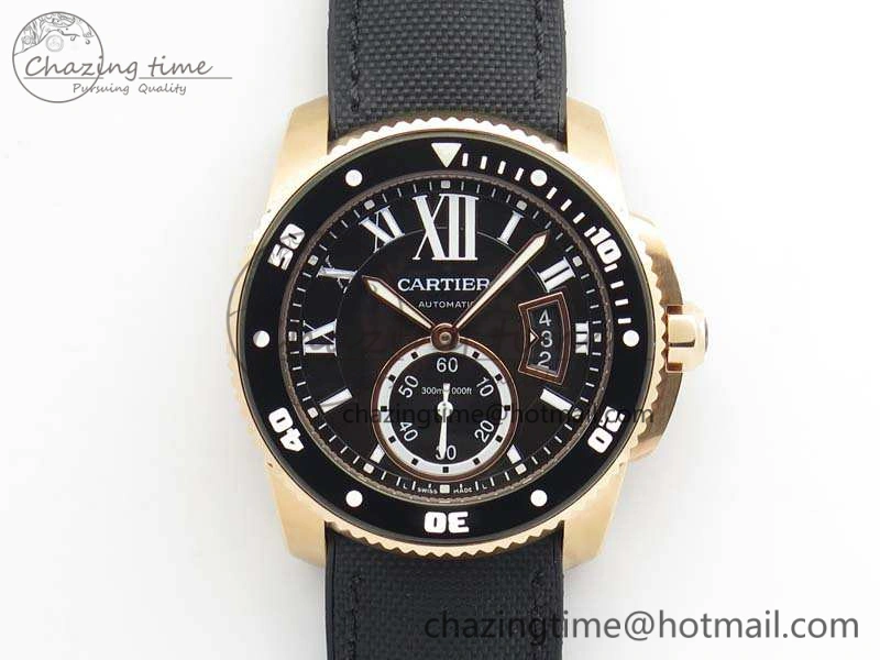 Calibre De Cartier Diver TF 1:1 Best Edition RG Black Dial On Nylon Black Rubber Strap A23J