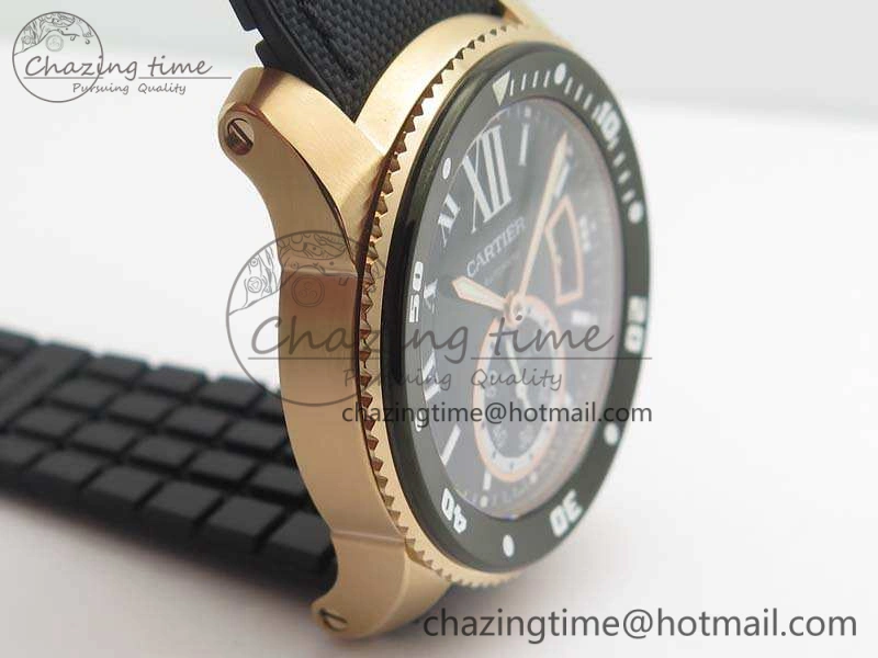 Calibre De Cartier Diver TF 1:1 Best Edition RG Black Dial On Nylon Black Rubber Strap A23J