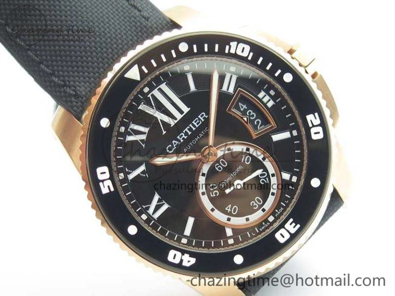 Calibre De Cartier Diver TF 1:1 Best Edition RG Black Dial On Nylon Black Rubber Strap A23J