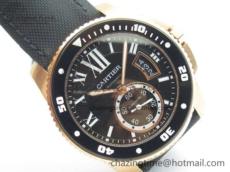 Calibre De Cartier Diver TF 1:1 Best Edition RG Black Dial On Nylon Black Rubber Strap A23J