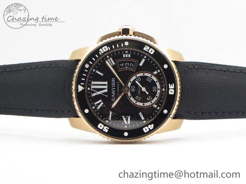 Calibre De Cartier Diver TF 1:1 Best Edition RG Black Dial On Nylon Black Rubber Strap A23J