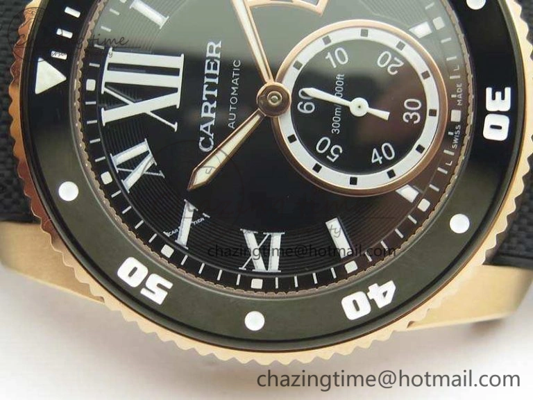 Calibre De Cartier Diver TF 1:1 Best Edition RG Black Dial On Nylon Black Rubber Strap A23J