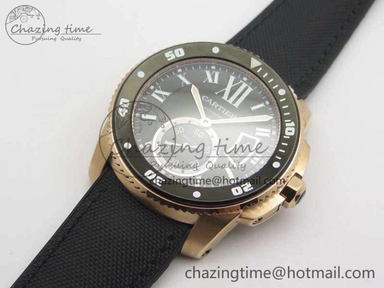 Calibre De Cartier Diver TF 1:1 Best Edition RG Black Dial On Nylon Black Rubber Strap A23J