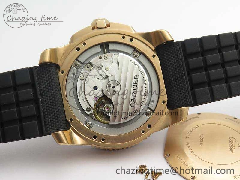 Calibre De Cartier Diver TF 1:1 Best Edition RG Black Dial On Nylon Black Rubber Strap A23J