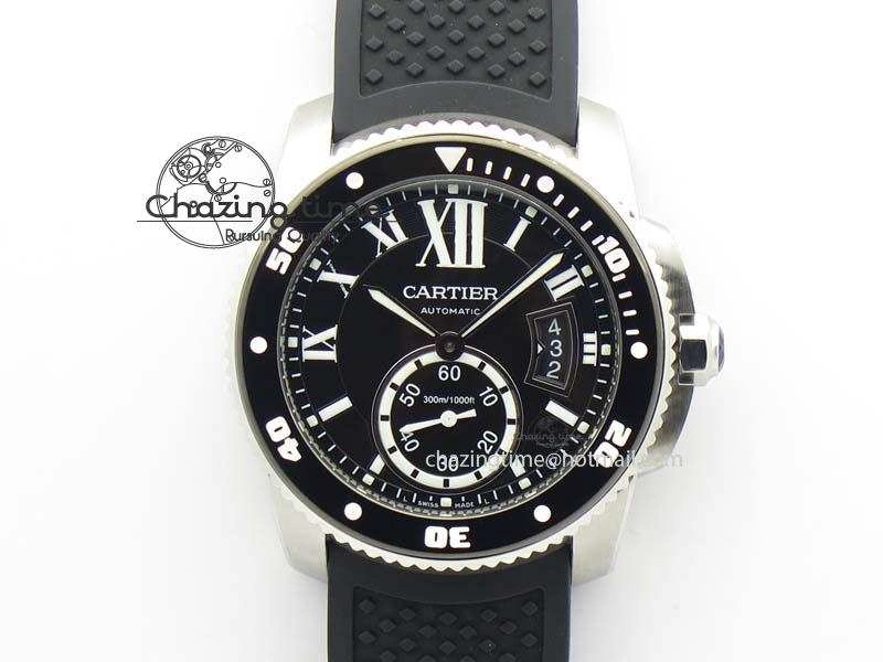 Calibre De Cartier Diver TF 1:1 Best Edition SS Black Dial On Black Rubber Strap A23J
