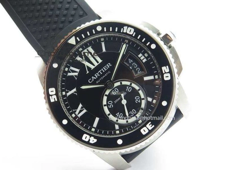 Calibre De Cartier Diver TF 1:1 Best Edition SS Black Dial On Black Rubber Strap A23J