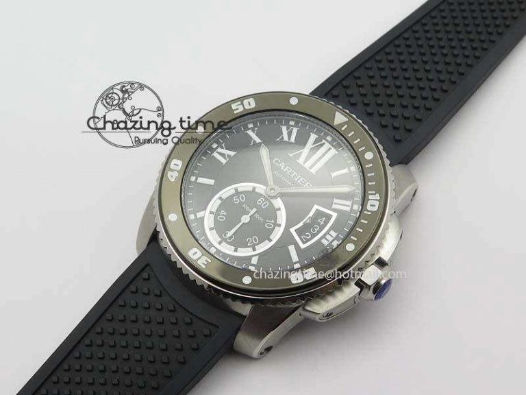 Calibre De Cartier Diver TF 1:1 Best Edition SS Black Dial On Black Rubber Strap A23J