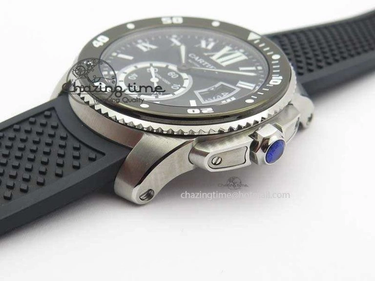 Calibre De Cartier Diver TF 1:1 Best Edition SS Black Dial On Black Rubber Strap A23J