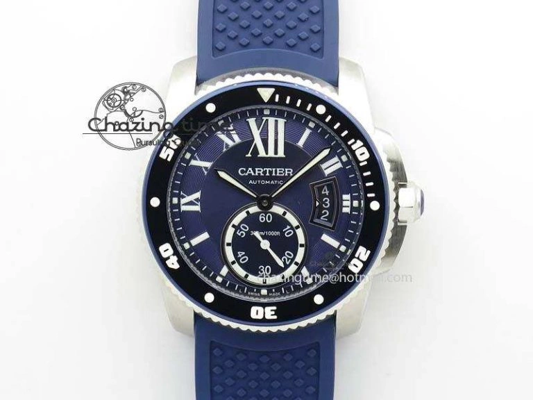 Calibre De Cartier Diver TF 1:1 Best Edition SS Blue Dial On Blue Rubber Strap A23J