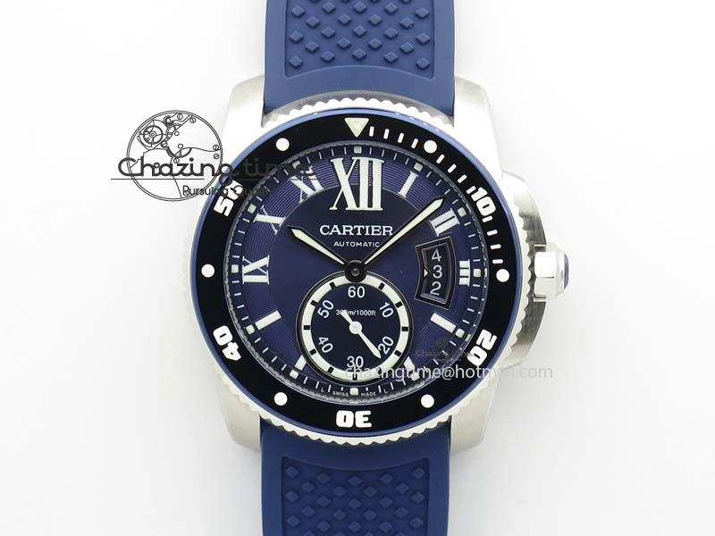 Calibre De Cartier Diver TF 1:1 Best Edition SS Blue Dial On Blue Rubber Strap A23J