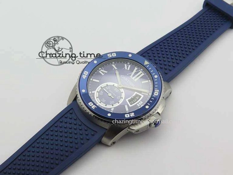 Calibre De Cartier Diver TF 1:1 Best Edition SS Blue Dial On Blue Rubber Strap A23J