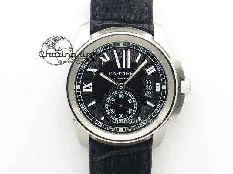 Calibre De Cartier SS JF Best Edition Black Dial On Black Leather Strap A23J