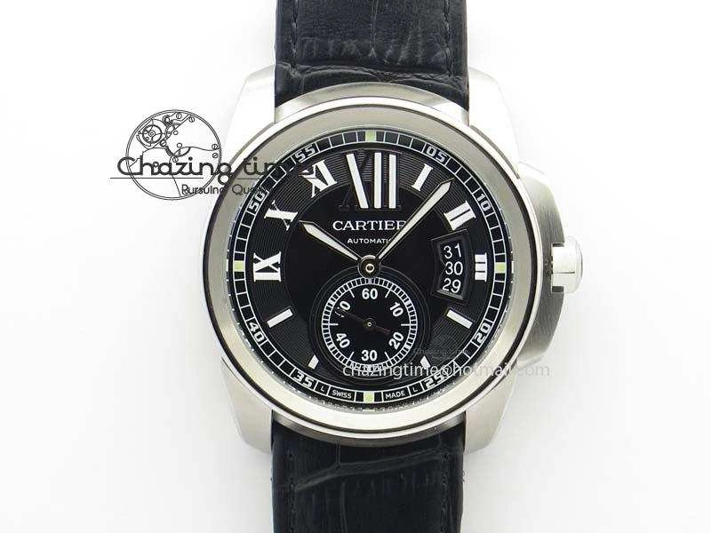 Calibre De Cartier SS JF Best Edition Black Dial On Black Leather Strap A23J