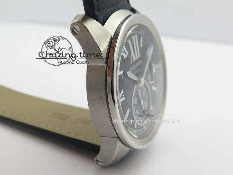 Calibre De Cartier SS JF Best Edition Black Dial On Black Leather Strap A23J