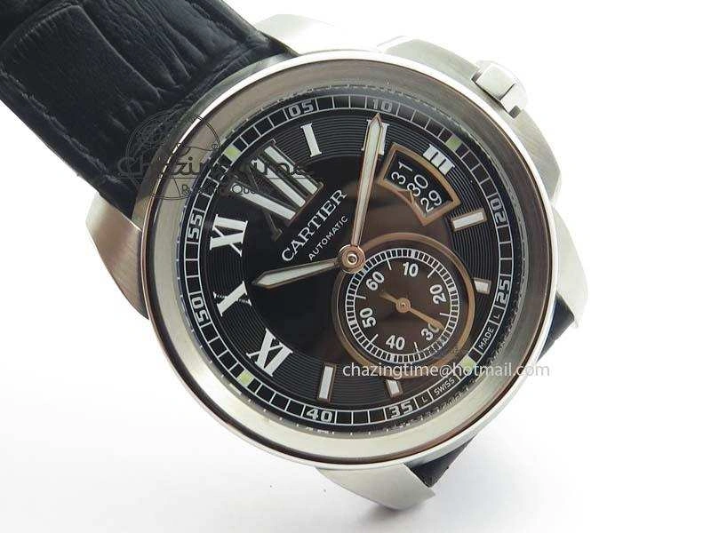 Calibre De Cartier SS JF Best Edition Black Dial On Black Leather Strap A23J