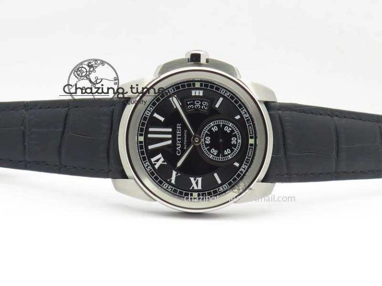 Calibre De Cartier SS JF Best Edition Black Dial On Black Leather Strap A23J