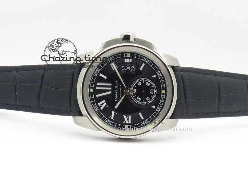 Calibre De Cartier SS JF Best Edition Black Dial On Black Leather Strap A23J