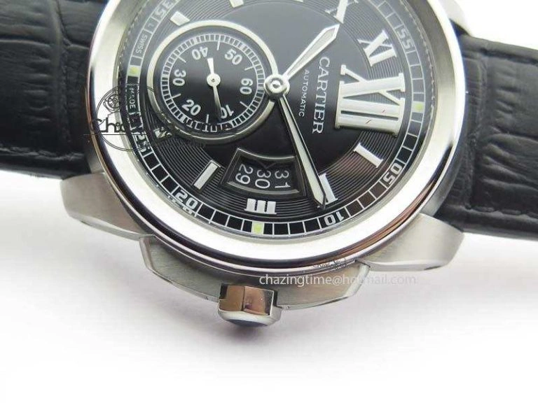 Calibre De Cartier SS JF Best Edition Black Dial On Black Leather Strap A23J