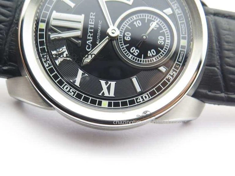 Calibre De Cartier SS JF Best Edition Black Dial On Black Leather Strap A23J