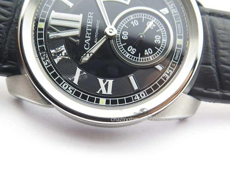 Calibre De Cartier SS JF Best Edition Black Dial On Black Leather Strap A23J