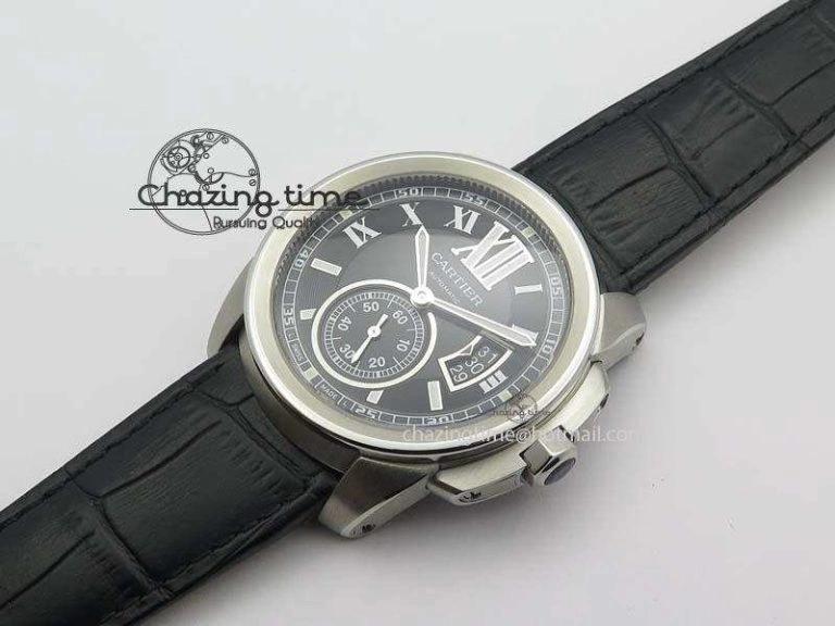Calibre De Cartier SS JF Best Edition Black Dial On Black Leather Strap A23J