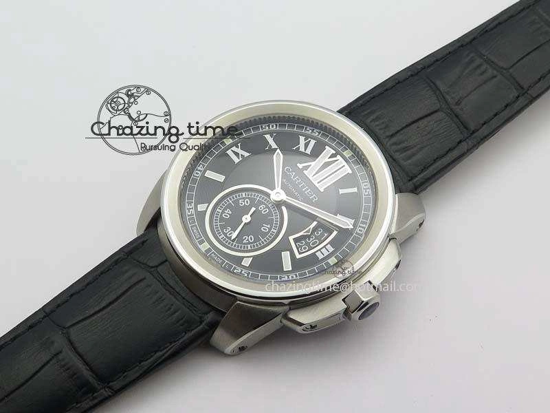 Calibre De Cartier SS JF Best Edition Black Dial On Black Leather Strap A23J