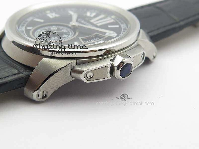 Calibre De Cartier SS JF Best Edition Black Dial On Black Leather Strap A23J