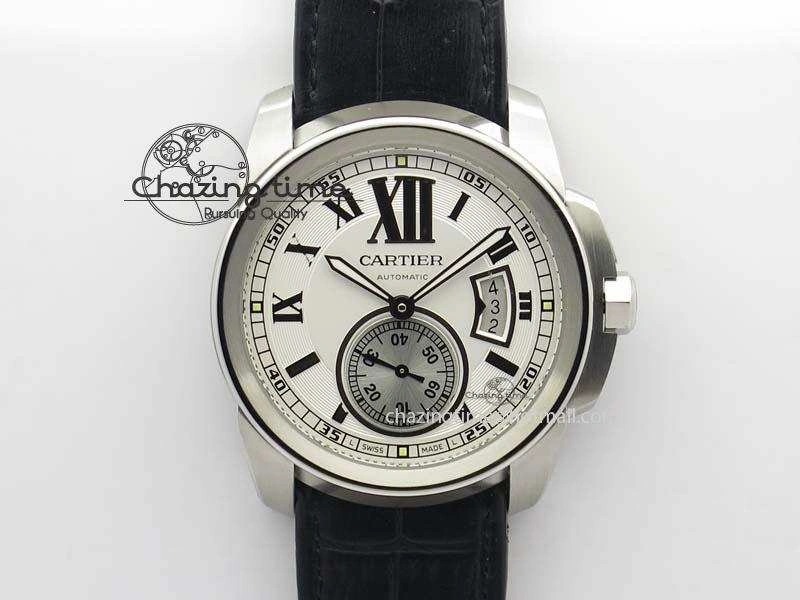Calibre De Cartier SS JF Best Edition White Dial On Black Leather Strap A23J