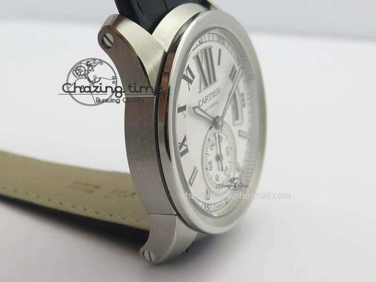 Calibre De Cartier SS JF Best Edition White Dial On Black Leather Strap A23J