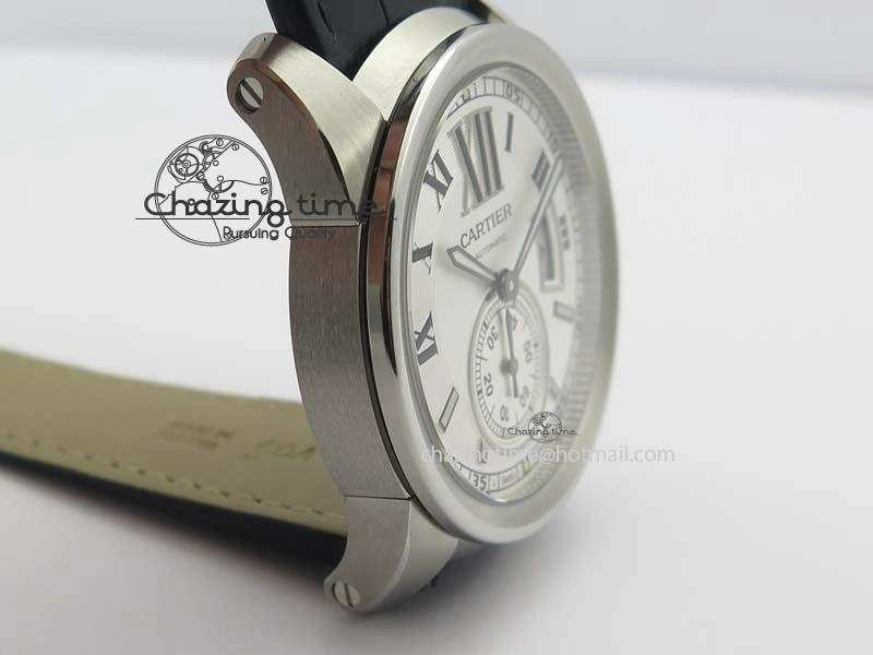 Calibre De Cartier SS JF Best Edition White Dial On Black Leather Strap A23J
