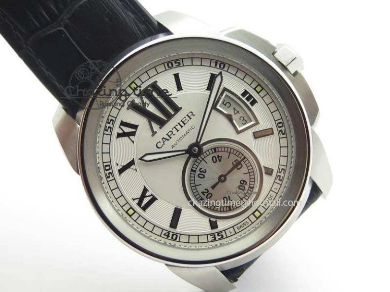 Calibre De Cartier SS JF Best Edition White Dial On Black Leather Strap A23J