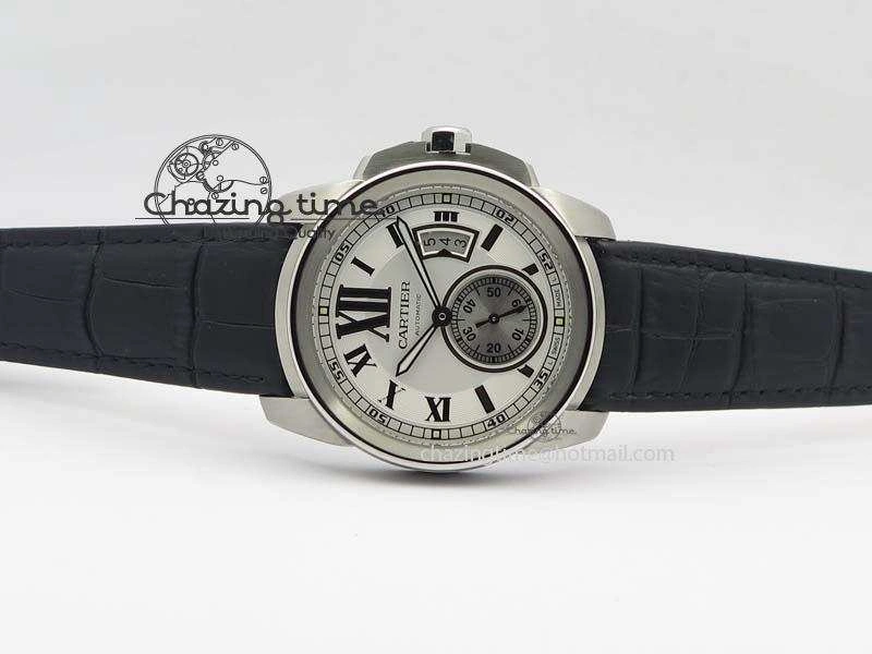 Calibre De Cartier SS JF Best Edition White Dial On Black Leather Strap A23J
