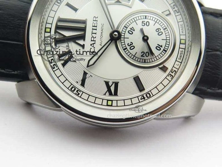 Calibre De Cartier SS JF Best Edition White Dial On Black Leather Strap A23J