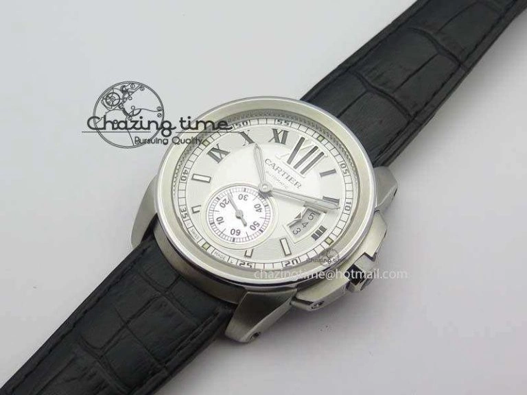 Calibre De Cartier SS JF Best Edition White Dial On Black Leather Strap A23J