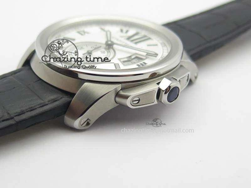 Calibre De Cartier SS JF Best Edition White Dial On Black Leather Strap A23J