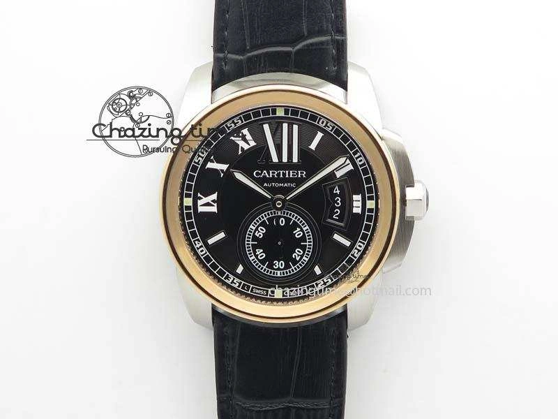 Calibre De Cartier SS RG JF Best Edition Black Dial On Black Leather Strap A23J