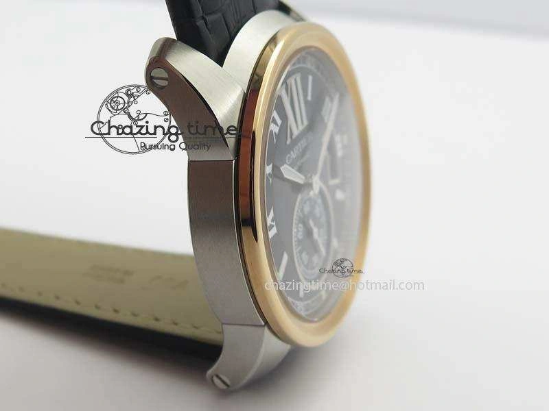 Calibre De Cartier SS RG JF Best Edition Black Dial On Black Leather Strap A23J