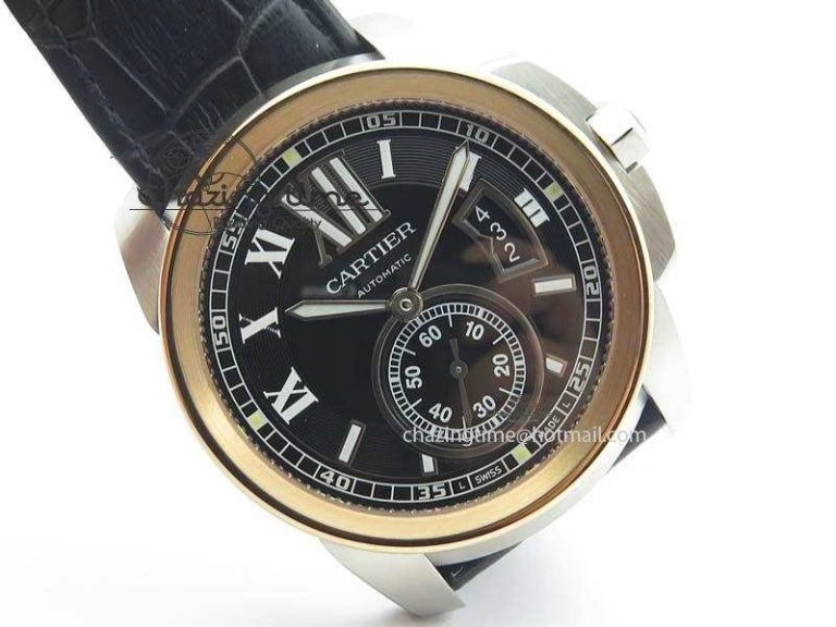 Calibre De Cartier SS RG JF Best Edition Black Dial On Black Leather Strap A23J
