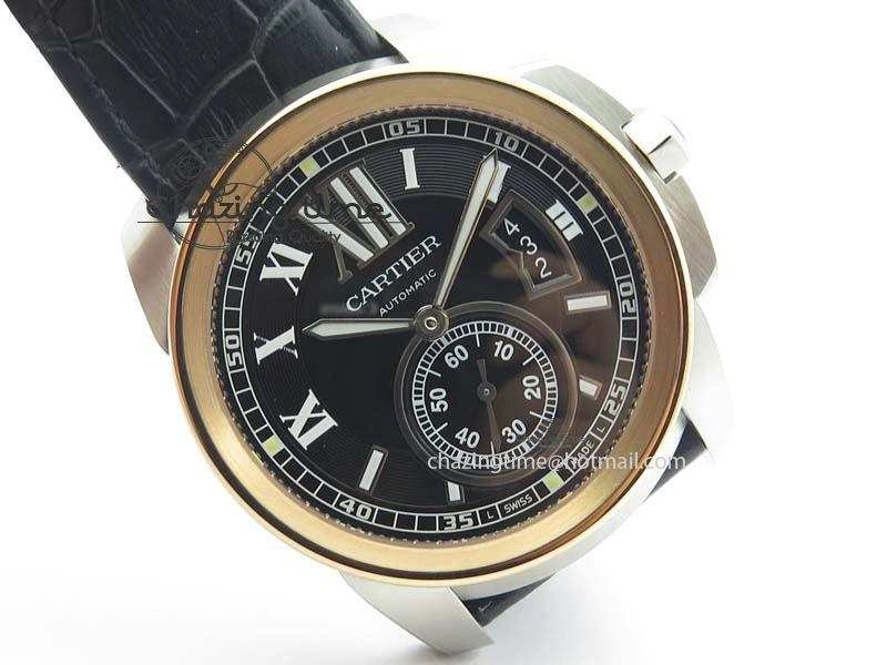 Calibre De Cartier SS RG JF Best Edition Black Dial On Black Leather Strap A23J
