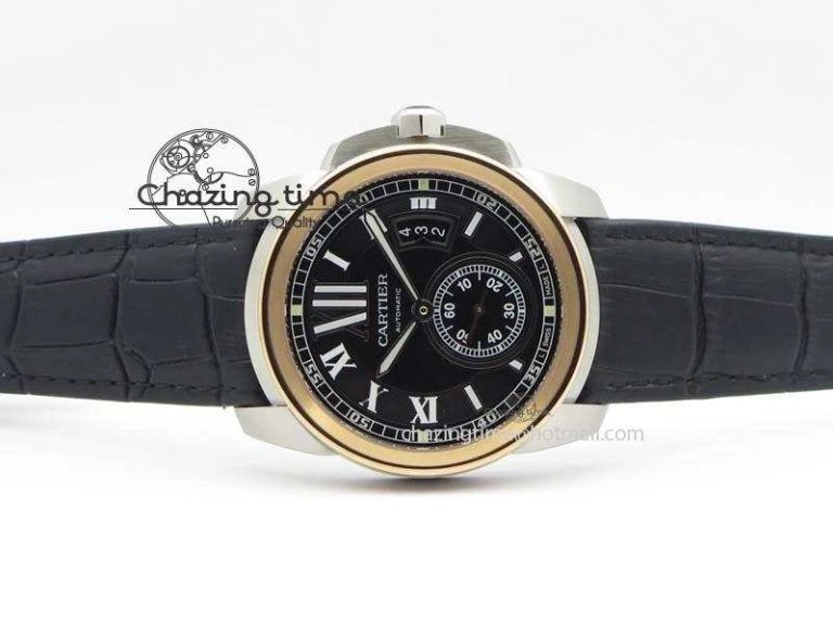Calibre De Cartier SS RG JF Best Edition Black Dial On Black Leather Strap A23J