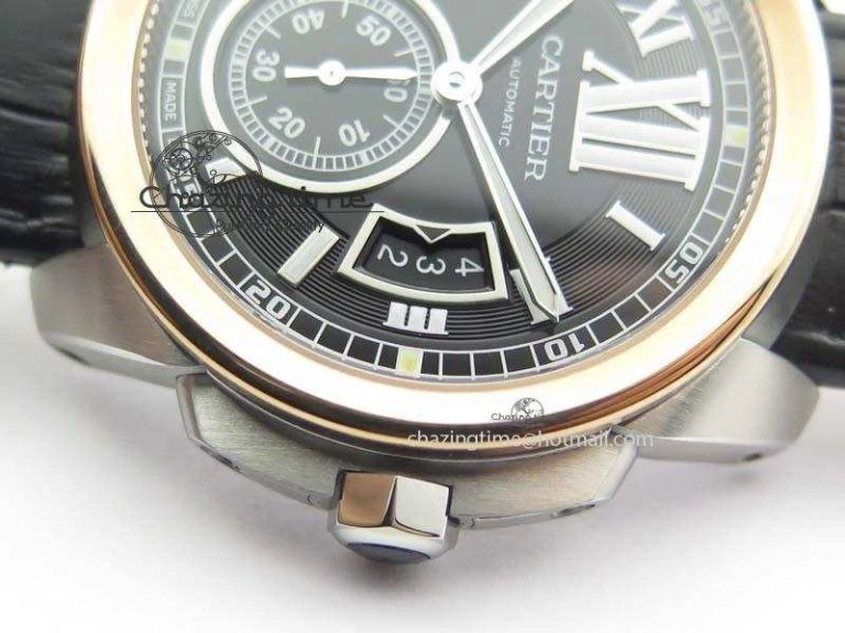 Calibre De Cartier SS RG JF Best Edition Black Dial On Black Leather Strap A23J