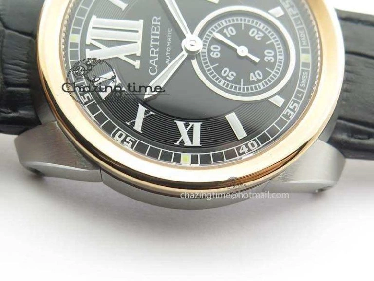 Calibre De Cartier SS RG JF Best Edition Black Dial On Black Leather Strap A23J