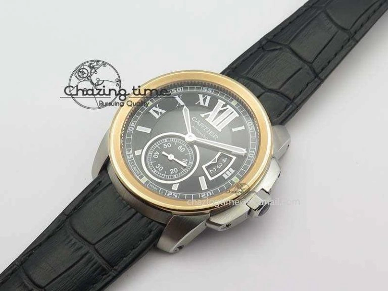 Calibre De Cartier SS RG JF Best Edition Black Dial On Black Leather Strap A23J