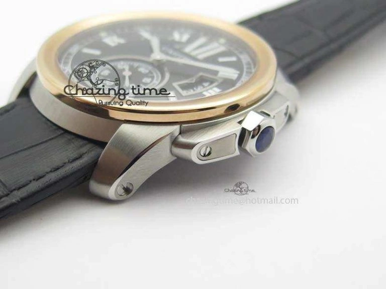 Calibre De Cartier SS RG JF Best Edition Black Dial On Black Leather Strap A23J