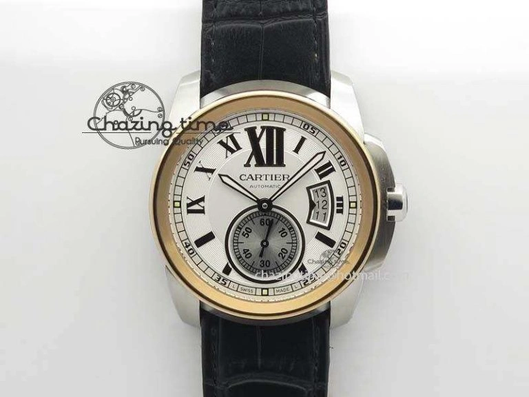 Calibre De Cartier SS RG JF Best Edition White Dial On Black Leather Strap A23J